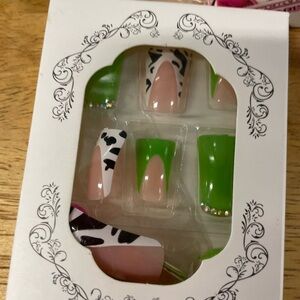Green and Cow Print Press-On Nails